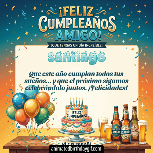 GIF animado de cumpleaños Mi Amigo Santiago diseño 4