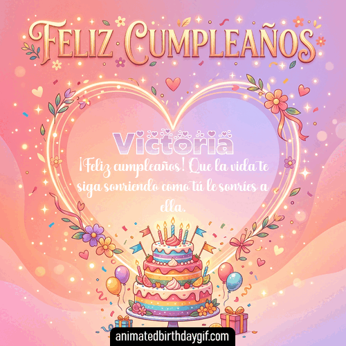 GIF animado de cumpleaños para Victoria: Torta de cumpleaños y flores. Personalizable con mensaje.