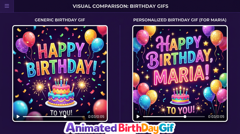 Comparación visual entre un GIF de cumpleaños genérico y uno personalizado con el nombre María