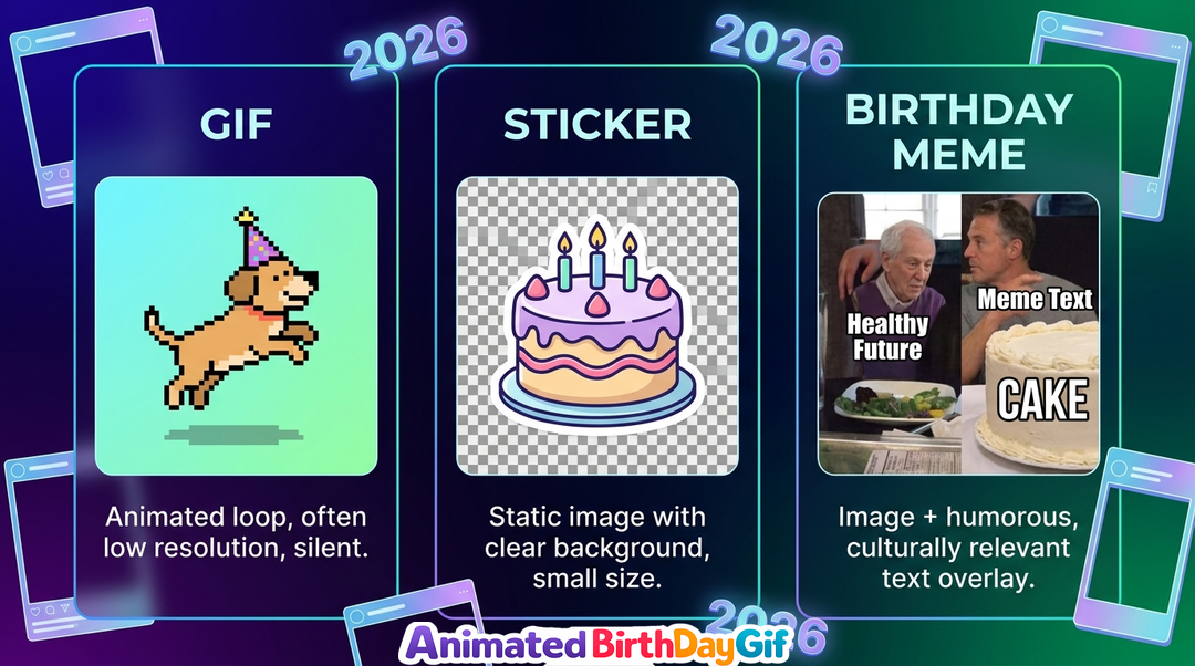 🎉 Diferencia entre GIF, sticker y meme de cumpleaños: guía